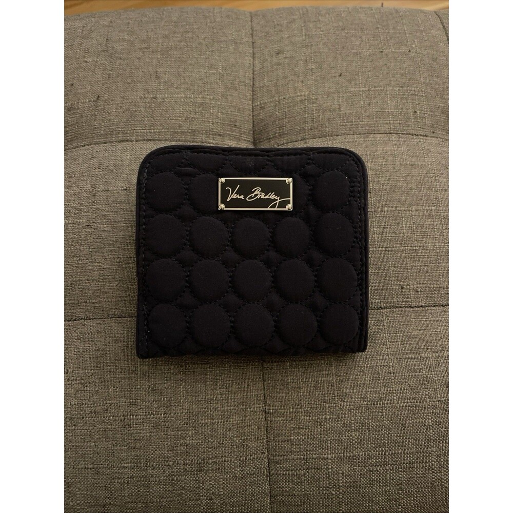 Vera Bradley Quilted Trifold Wallet Black Circle Pattern Zip Pouch Travel Purse